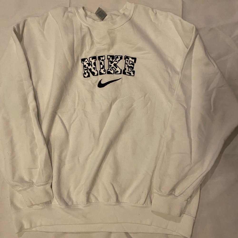 Gildan White Unisex Crewneck Sweater with cow print